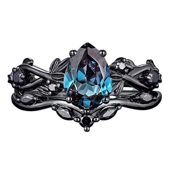 Moon Collection Jewelry - Pear Cut Alexandrite & Moissanite 2 piece Bridal Wedding engagement ring Rhodium